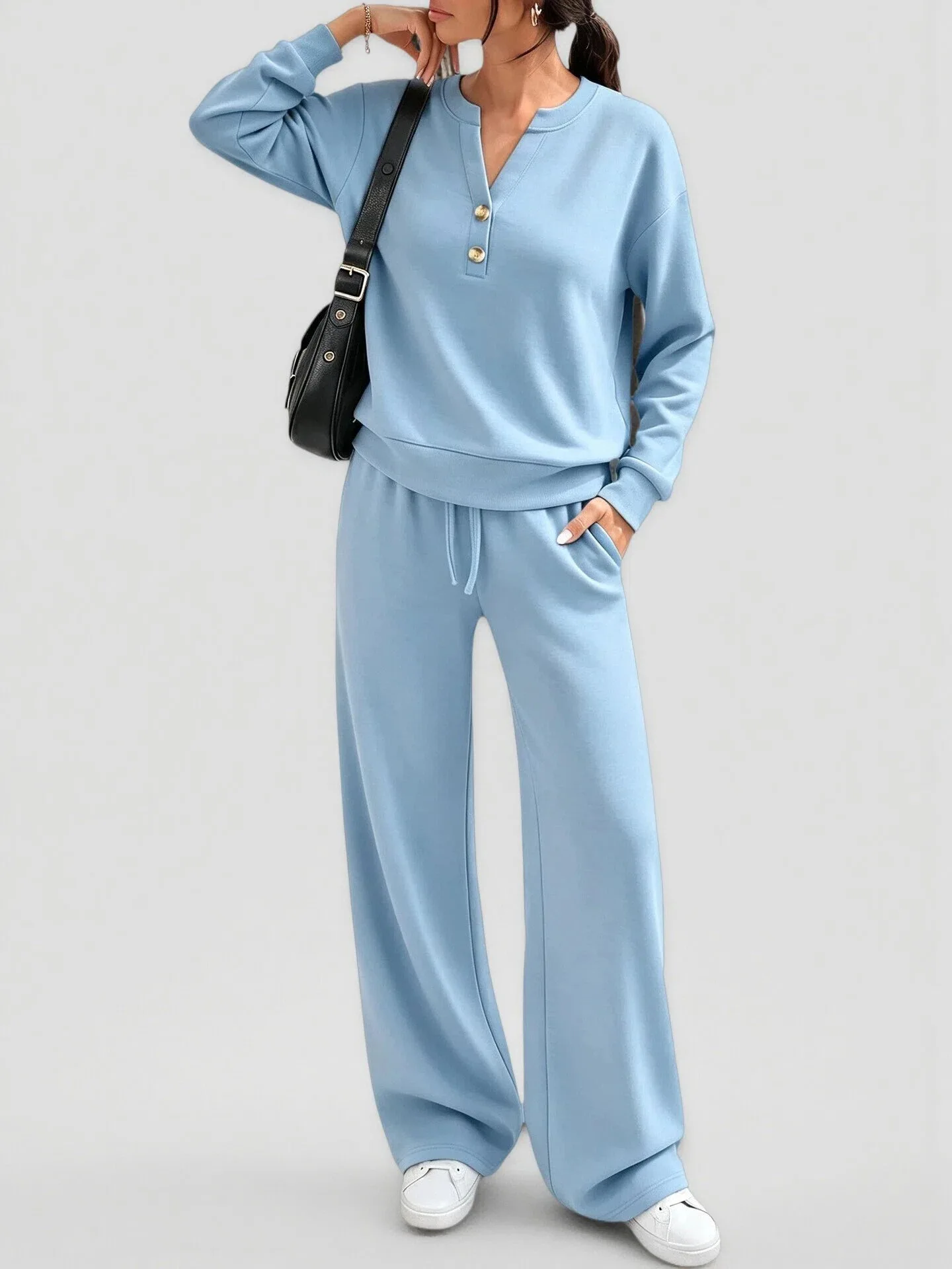 Women's Solid Color Two Piece Suit Casual Spring Autumn Office Outfit Simple Style Fashion Top with Wide Leg Pants Set