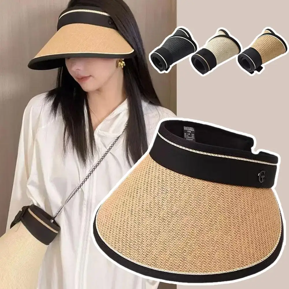 Sombrero de protección solar plegable para mujer, sombrero de paja informal a la moda, protección solar para exteriores, sombrilla de playa para