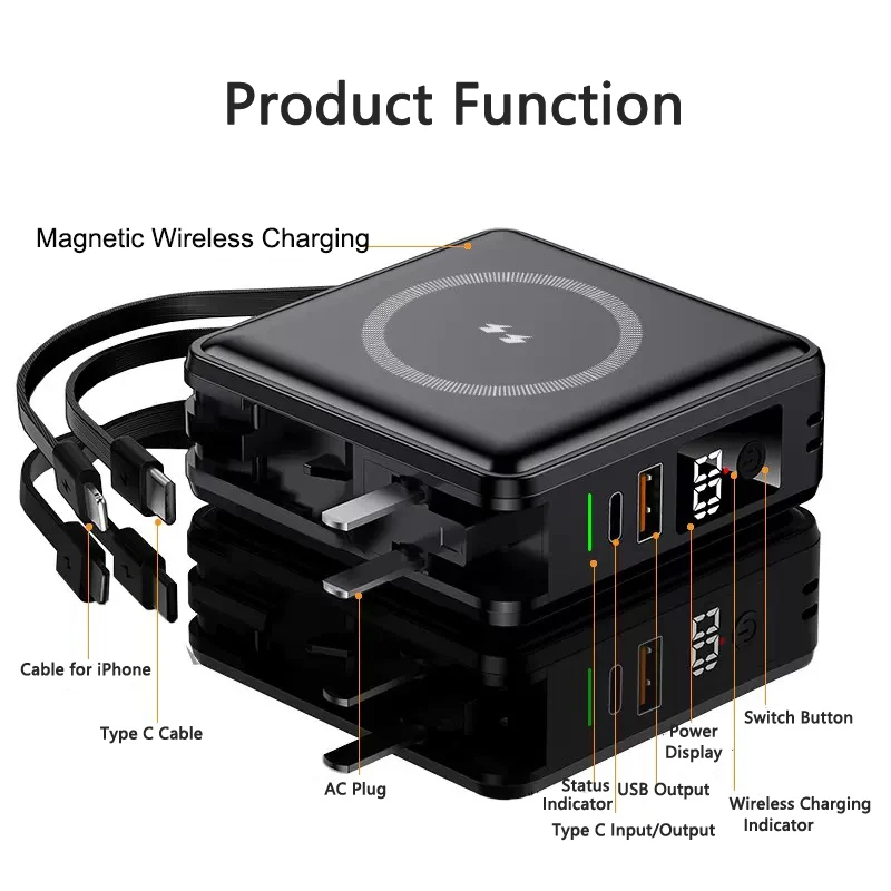 

Магнитный беспроводной внешний аккумулятор 10000 мАч с сетевой вилкой, быстрая зарядка 22.5 Вт, портативное зарядное устройство для iPhone 17, 16, Xiaomi, Samsung, Huawei