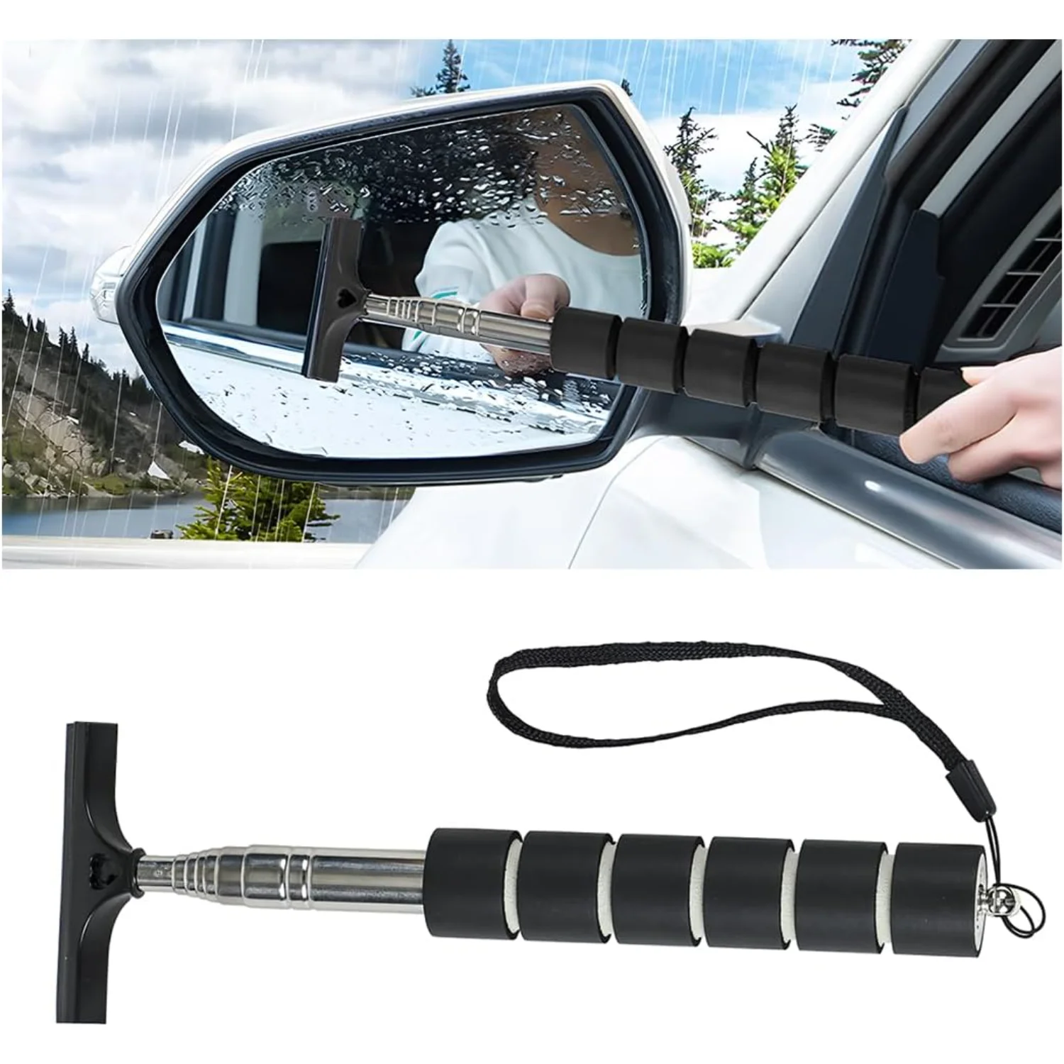 Side  Squeegee, Rearview  Wiper with Telescopic Long Handle, Retractable Small  Window Squeegee Cleaner, Portable Glass Cleaning