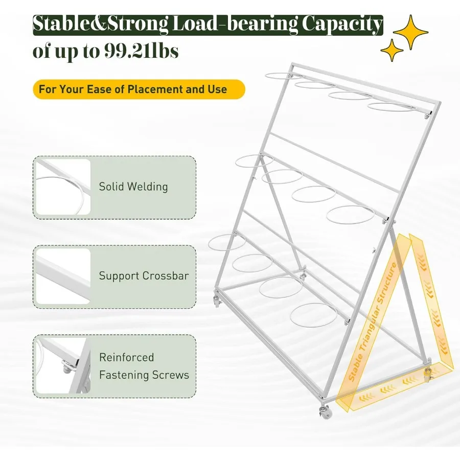 3-poziomowy stojak na kwiaty z 12 wiadrami i kółkami do użytku wewnątrz i na zewnątrz, wytrzymały wózek na rośliny z solidną konstrukcją