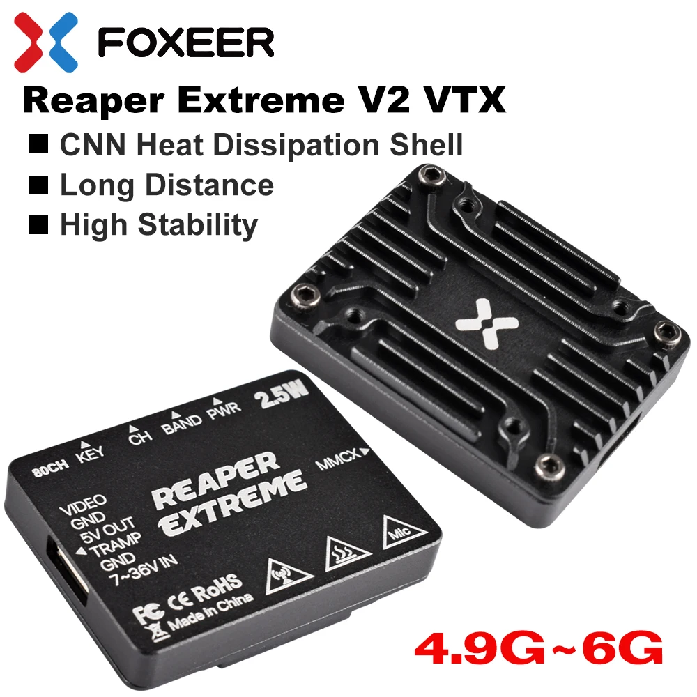 Foxeer 4.9-6G Reaper Extreme V2 2.5W High Power 80CH VTX FPV-videozender met CNC-shell Ingebouwde microfoon voor RC FPV-drones