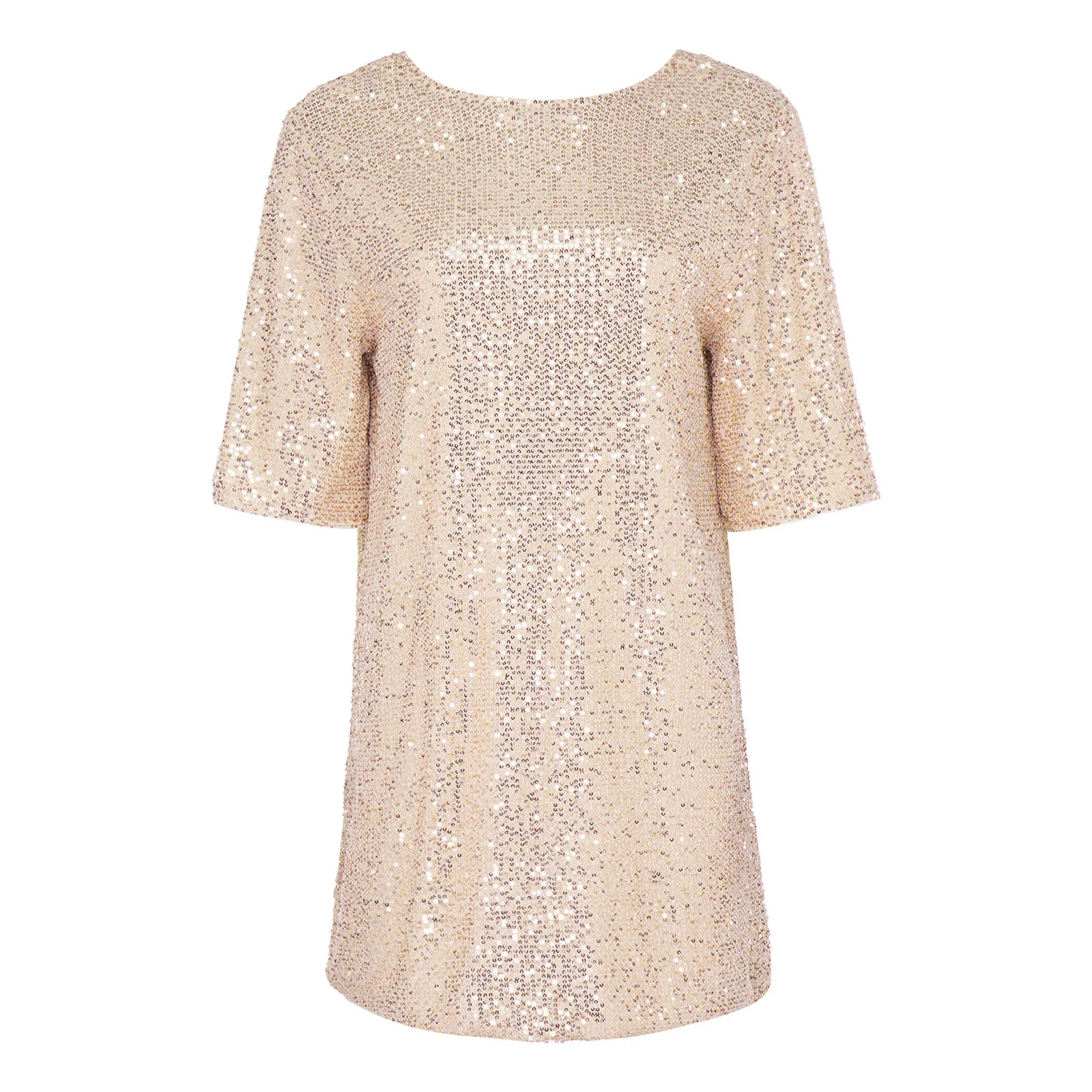 

Womens Glittery Minidress Allover Sequins with Full Lining Crew Neck Short Sleeve Oversized Shirt Dress for Club Disco Party