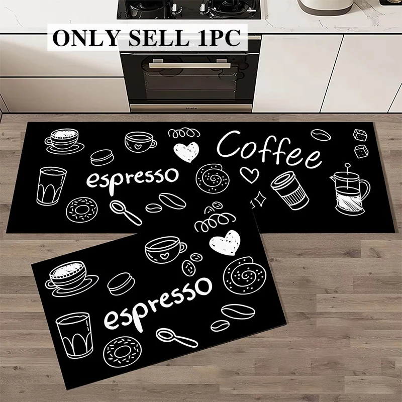 Floor Mat for Kitchen PVC Leather Waterproof Non-slip Rug Long Oil-proof Carpet Black with Tableware Pattern Home Decor Carpets
