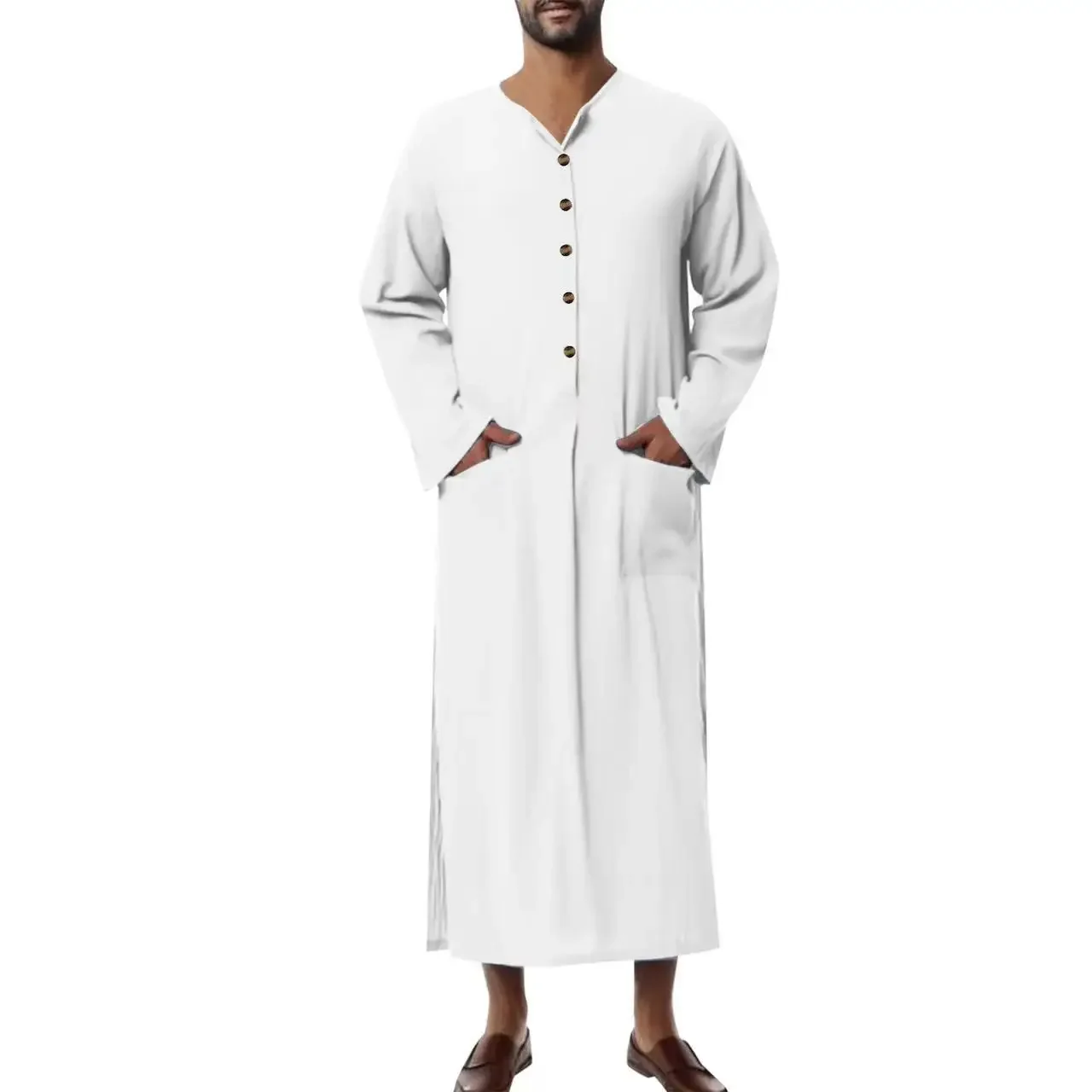 Muslimische Männer Abayas Kaftan feste Taschen V-Ausschnitt Langarm Vintage Roben Mann arabisch islamisch Südostasien Kaftan lässig Abaya