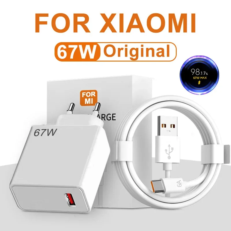 Original 67W Fast Charger Super Power Adapter For Xiaomi Mi 12 11 6A Type C Charger Cable For POCO X5 X4 Pro Redmi Note 9 10 11