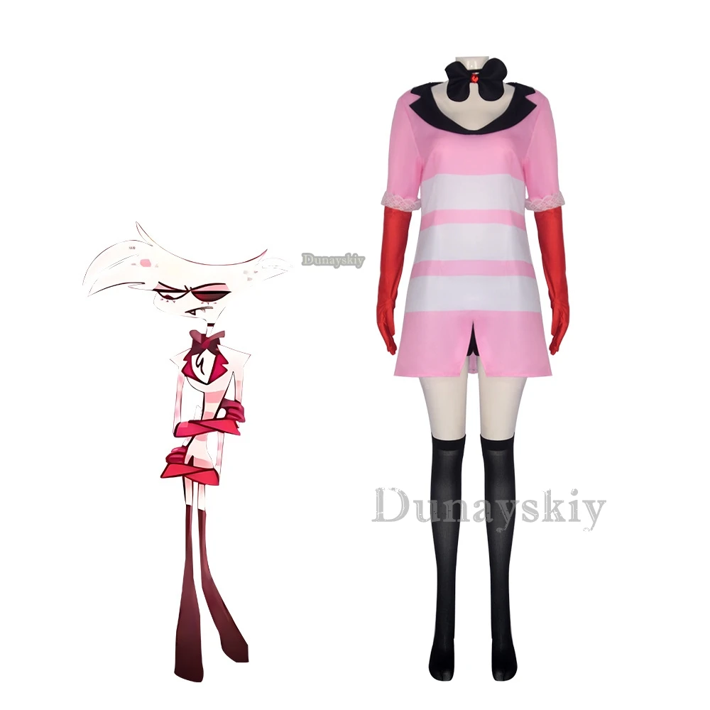 Angel Dust Cosplay Fantasy Anime Cartoon Hotel Disguise Costume Gloves Bow Tie Pink Dress Outfit Women Halloween Roleplay Cloth