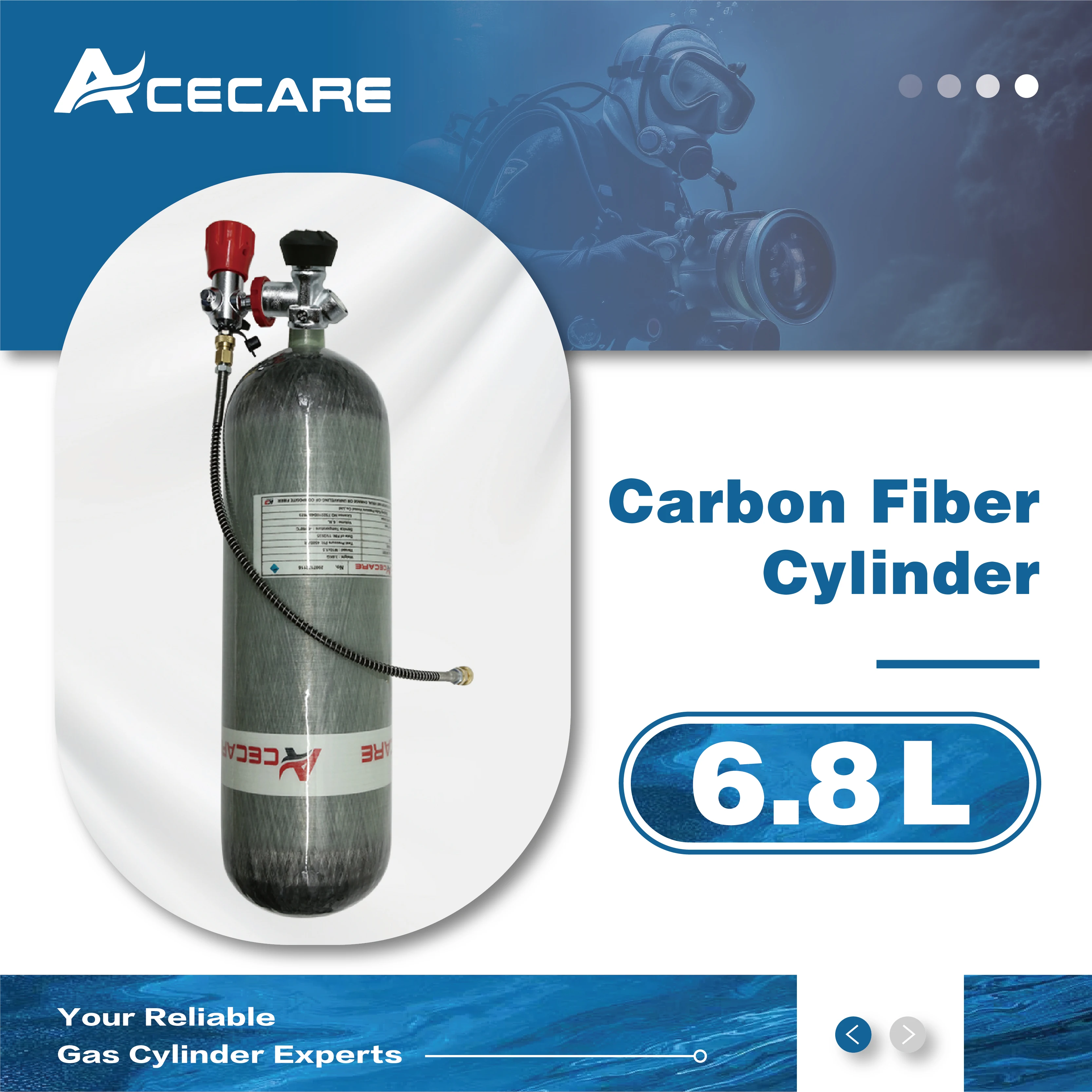 Acecare 6.8L CE 4500psi 30Mpa Carbon Fiber SCUBA Cylinder With Black Gauge Valve and Filling Station Thread M18*1.5 for Diving