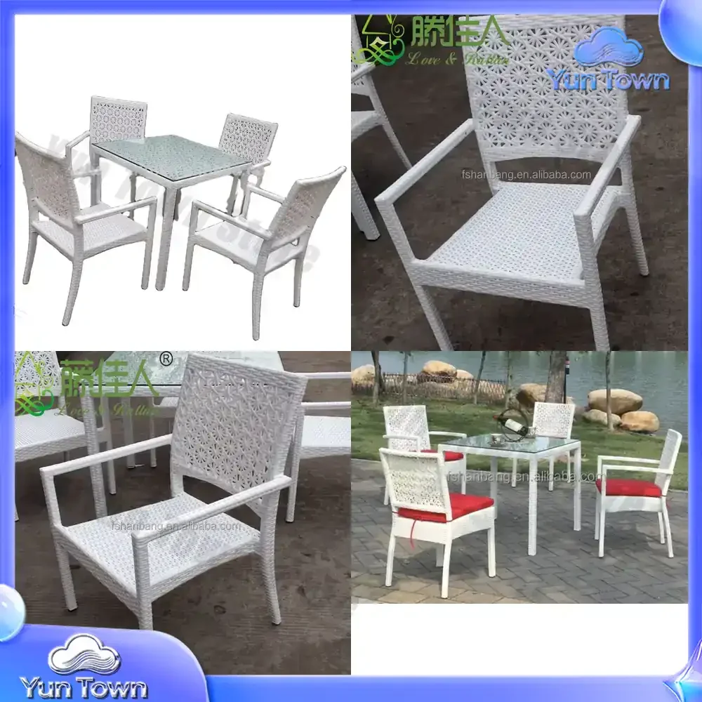 Value City Modern White Rattan Wicker Outdoor Garden Furniture Set 5 Pieces Table And Chairs