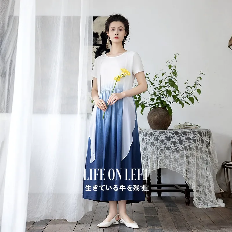 

Новое модное женское повседневное платье А-силуэта из смесового хлопка с градиентным цветовым блоком, коротким рукавом, весна-лето 2025