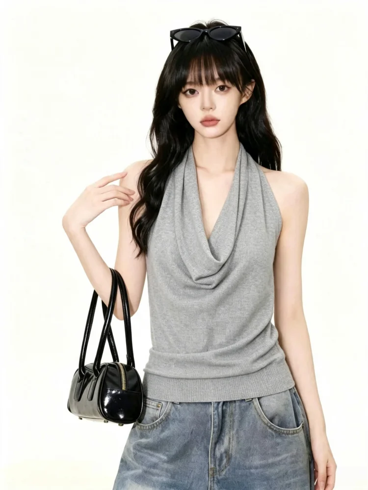 Slim Fit Halter Neck Vest Women's plus Size Inner Wear Sexy Back Casual Style High Elasticity Pure Color Spring Summer New