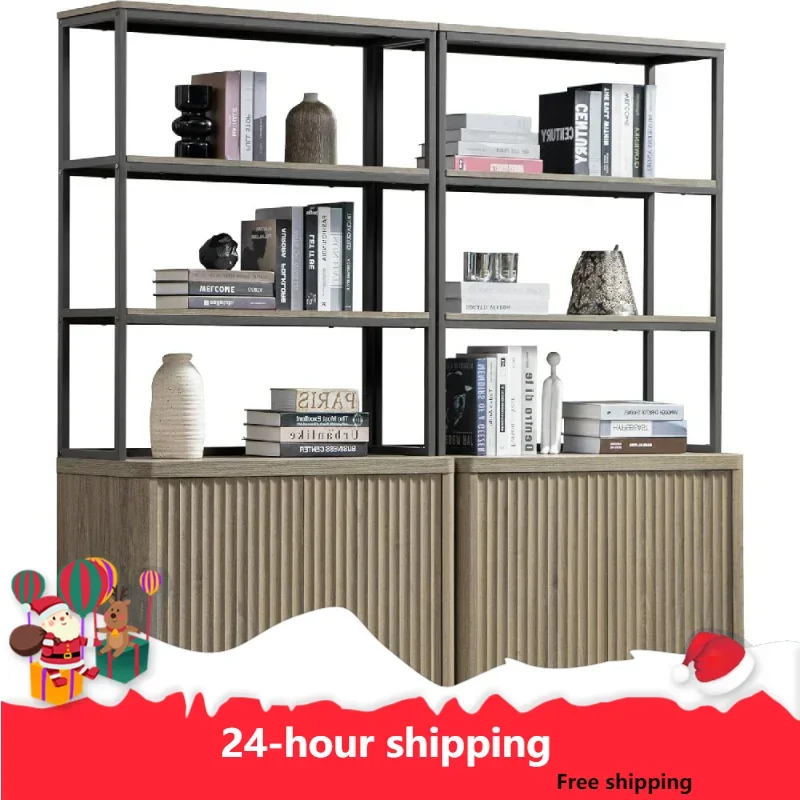 Book Shelf Fluted Bookshelf Tall Bookcase With Doors Storage 5 Tier Mid Century Modern Bookshelves Large Shelves Wood & Metal Bo