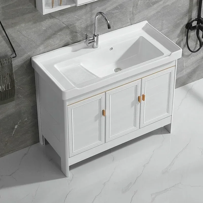Bathroom Balcony Ceramic Laundry Basin with Rub Board Sink Space Aluminum White Floor-to-ceiling Bathroom Cabinet