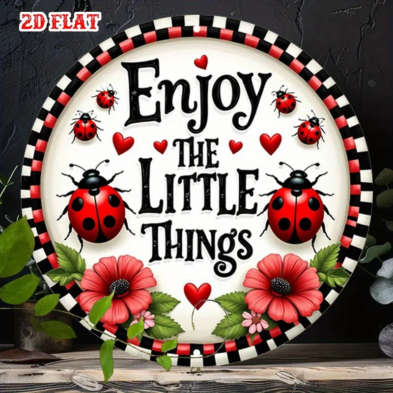 2D Flat, 1pc Vintage Ladybug & Floral Heart Round Aluminum Wall Art - Rustic Metal Tin Sign with Inspirational Quote, Red Hear