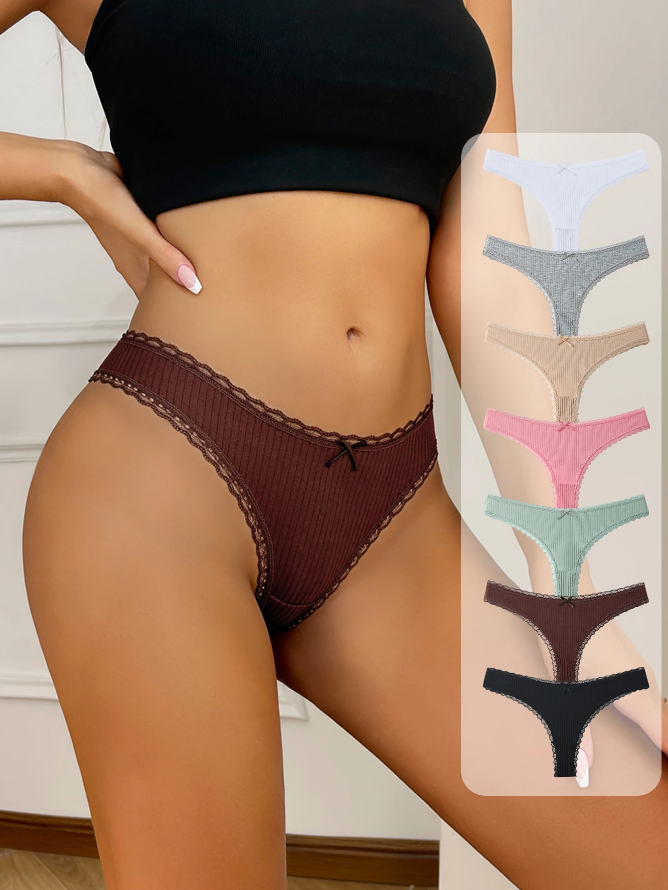 7 ks/sada dámských tanga, sexy bavlněné krajkové spodní prádlo, tanga, pevné, s T-zadkem, měkké kalhotky, tangá, dámské spodní prádlo, velikost S-XL - náhled 3