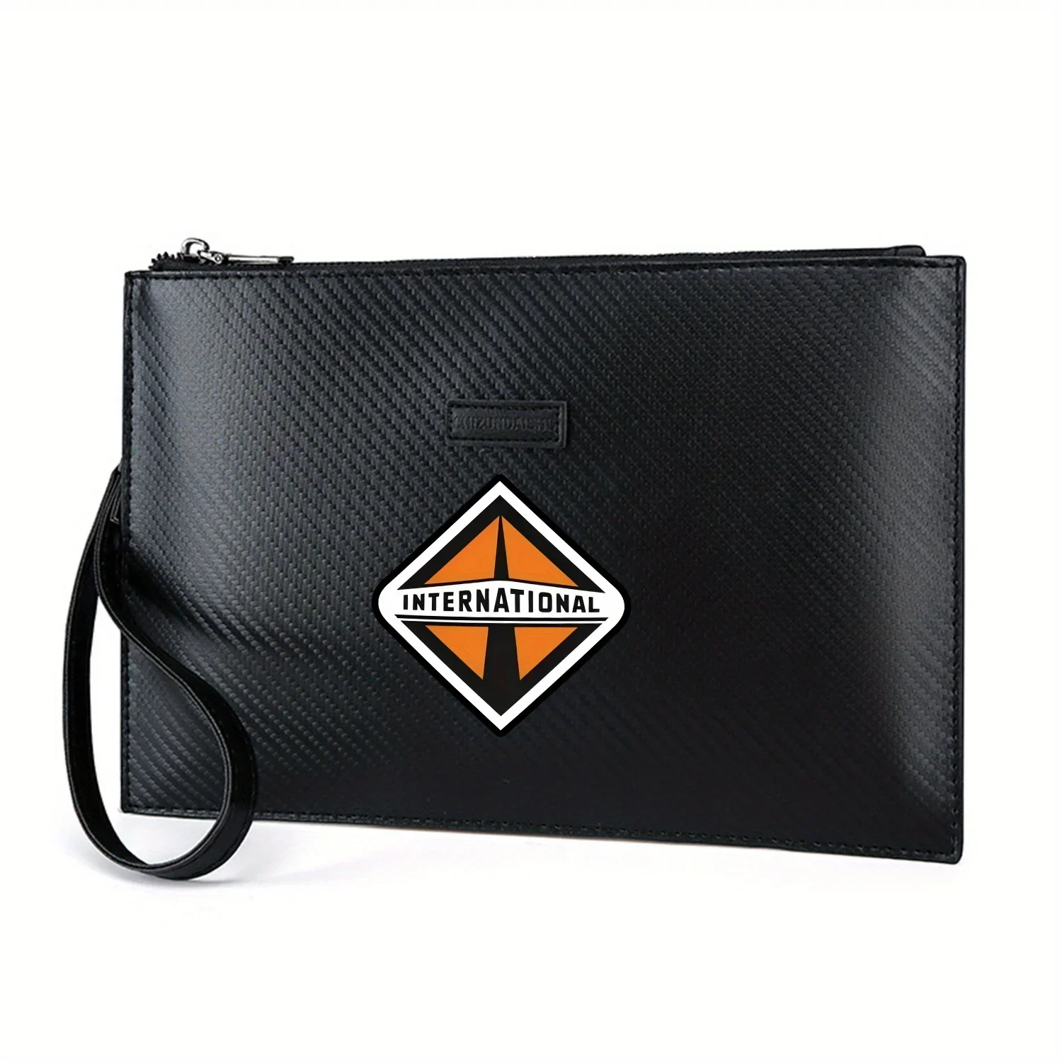 Orange emblem text,black triangle. Elegant Printed PU Men's Handbag Fashionable and Practical for Everyday Carry