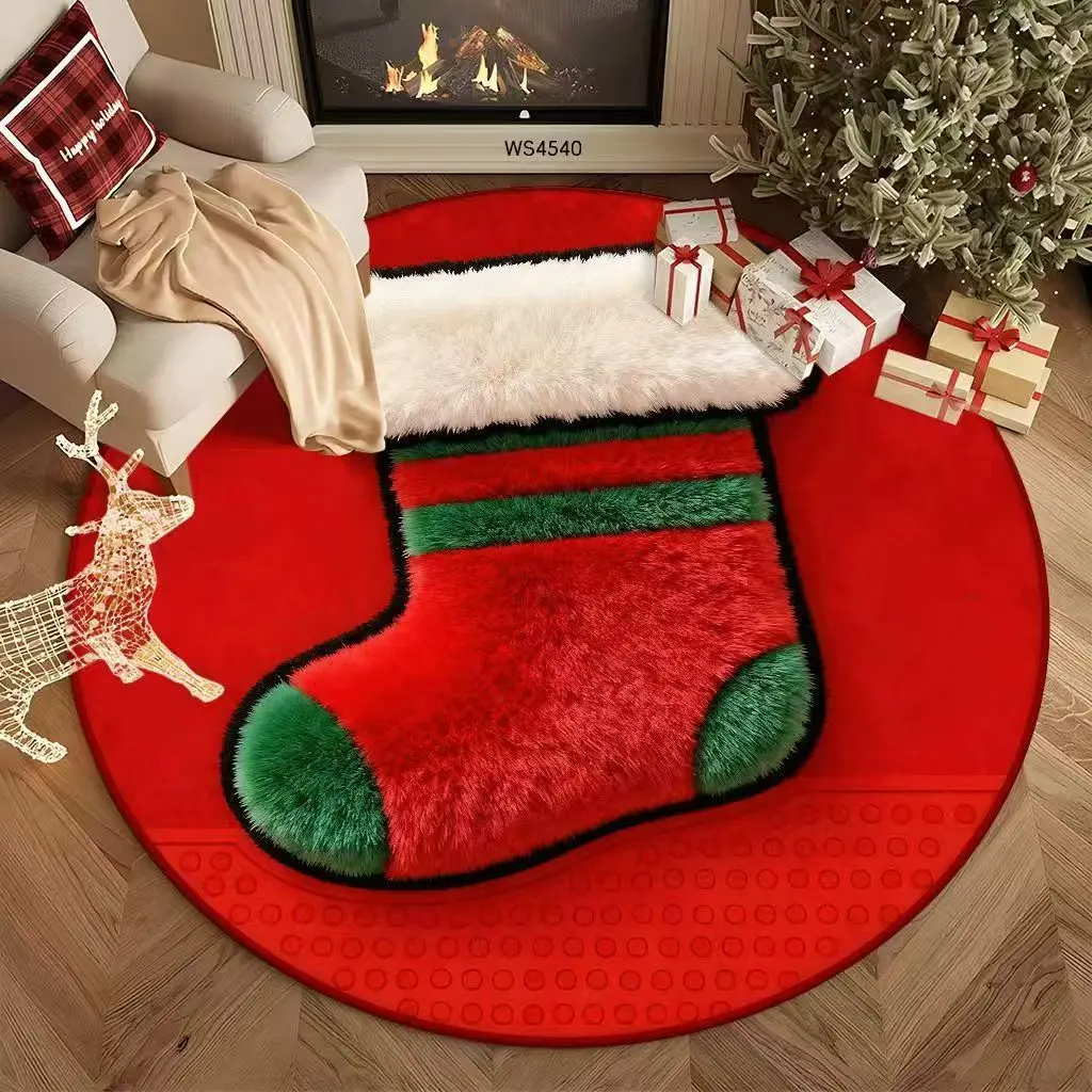 VIKAMA Gnome 3D Tunnel Presents Scene Round Rug Soft Flannel Non-Slip Bedroom Bedside Living Room Christmas Carpet Cozy Home