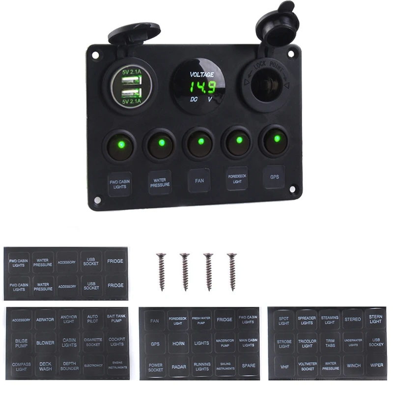 Dual USB Socket Charger LED Voltmeter 12V Power Outlet 5 Gang ON-OFF Toggle Switch Panel For Car Boat Marine RV Truck