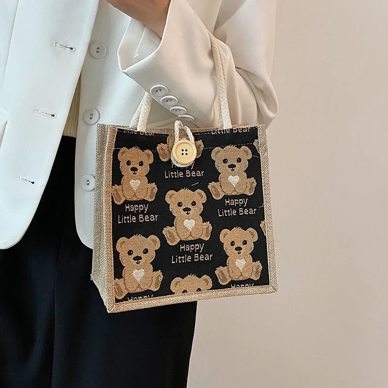 Cute Bear Flax Shoulder Bag Women Soft Handbag Girls Spring Kawaii Lolita Cute School Shopping Bag Handbag Casual Lunch Bag