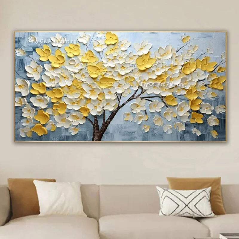 Special Abstract White Yellow Flower Tree Knife Thick Oil Painting On Canvas Handmade Cherry Flower Floral Wall Art Room Decor