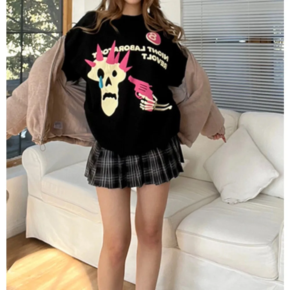 

Women Hoodie Fleece Retro Printed Skull Sweater Women's Y2K Autumn Winter Harajuku Tide Brand Loose Short-sleeved Couple Top
