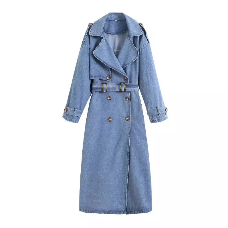 

Foreign Trade Autumn News, Loose Double-breasted Buckle with Belt Denim Trench Coating Coating Women Comfort Temperament