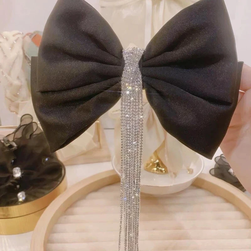 Korean Style Large Bow Perfect Hair Clip with Shiny Rhinestones and Long Tassel for Women, Perfect Wedding Hair Accessories