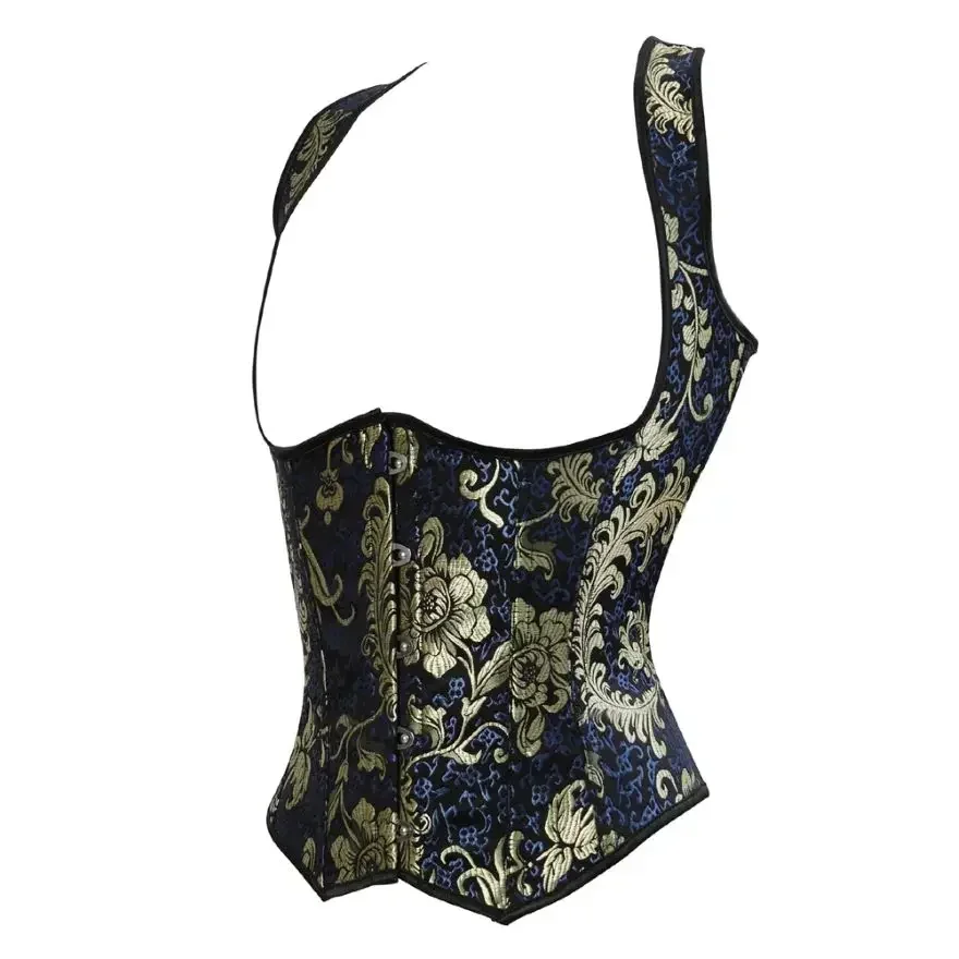 Vintage Underbust Corset Top Gothic Gold Blue เย็บปักถักร้อยเอว Cincher Bustier เสื้อกั๊กพร้อมสายรัดไหล่ Plus ขนาด Body Shaper
