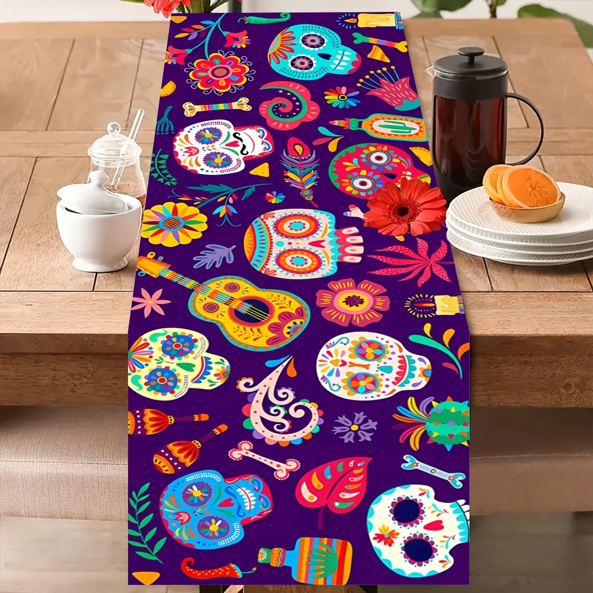 Mexican Dia De Los Muertos Linen Table Runner Colorful Flowers Skulls Guitar Day of The Dead Table Runners Fiesta Party Decor