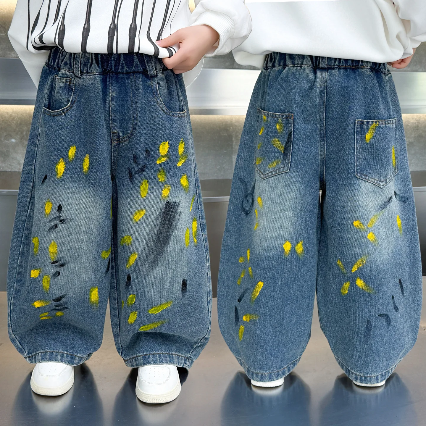 Kids Fashion Painting Baggy Jeans For Teenager Boys Trendy Street Graffiti Denim Pants Children Wide Oil Print Jeans Trousers