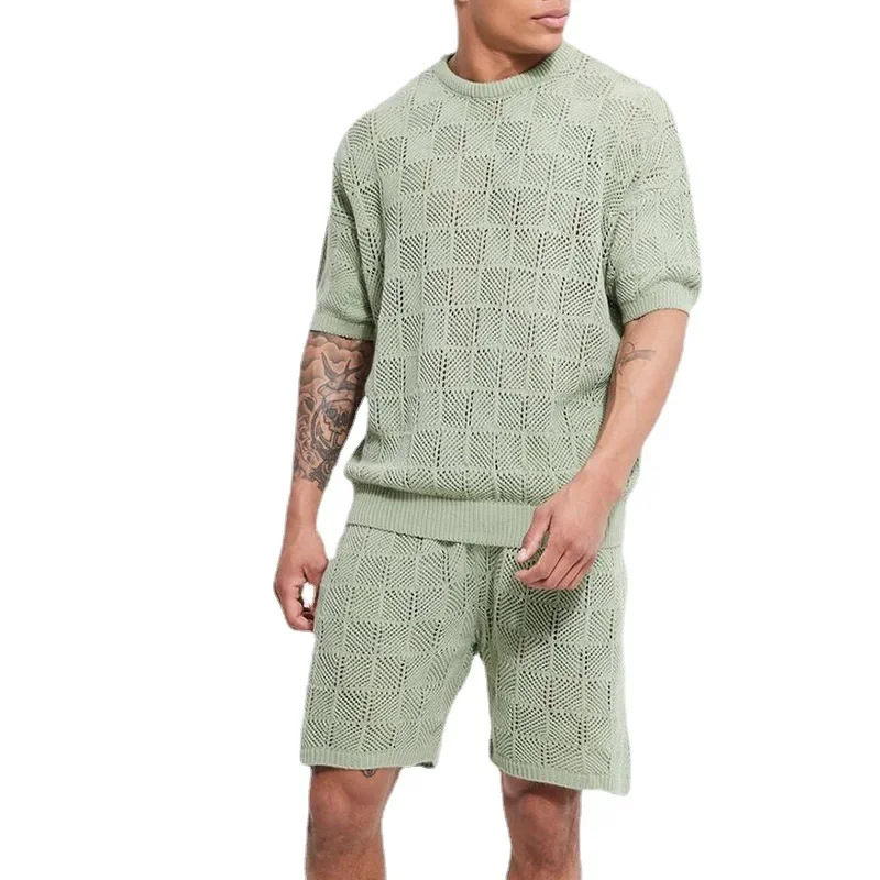 

Fashion Hollow Out Solid Color Knit Men's Two Piece Sets Summer Casual Short Sleeve O Neck Tee And Shorts Suits Men Streetwear