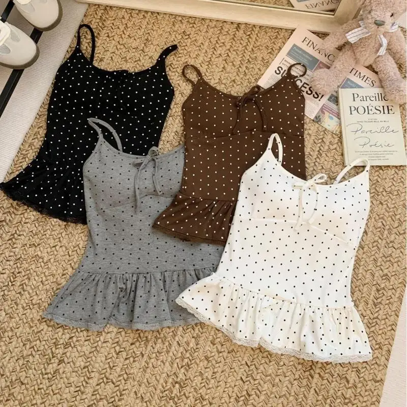 1Pc Slim-fit Sexy V-neck Ribbon Vest Top New Polka Dot Camisole Tank Bow Lace Scarf CamisoleT Ing Q Store