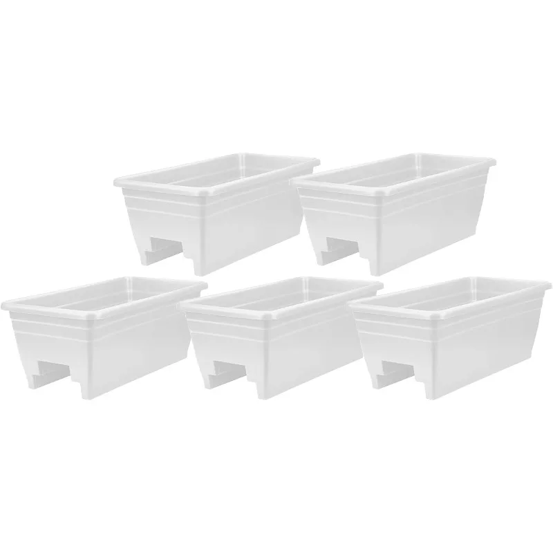 24 Inch Wide Heavy Duty Plastic Deck Rail Mounted Garden Flower Planter Boxes with Removable Drainage Plugs, White (5 Pack)