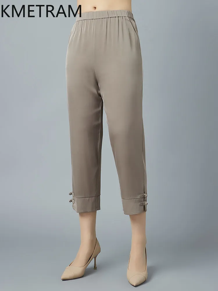 KMETRAM 91% Real Mulberry Silk Trousers Women 2026 Summer Casual Mid-aged Calf-length Pencil Pants Clothes for Ladies Ropa Mujer