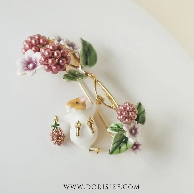 2026 British Hand Drawn Designer Fairy Tale Style Enamel Chipmunk Fruit Flower Brooch
