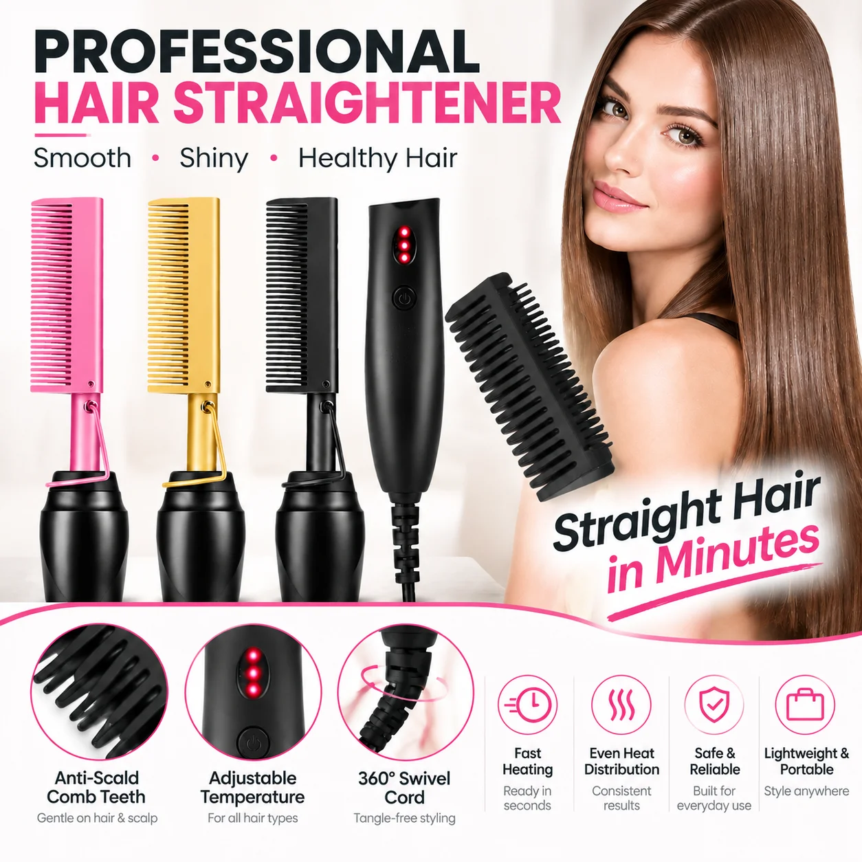 US Version Electric Hair Straightener Comb Copper Ceramic PTC Heated Curling Iron 2 In 1 Temperature Control Anti Scald  Tool