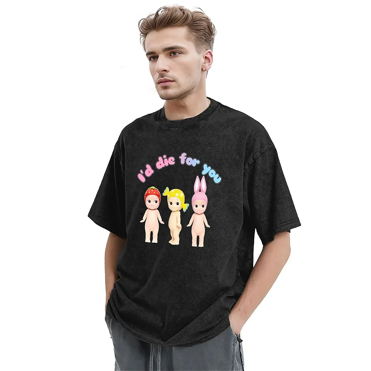 sonny angel Washed T-Shirt Mens kawaii Streetwear Cotton T-Shirts Summer Breathable Cute Tee Shirt Design Oversized Clothes