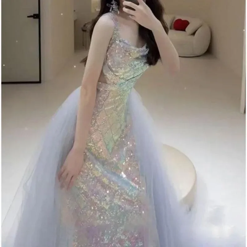 Customized Mermaid Sequined Elegant Wedding Party Dresses Square Collar Sling Slim Prom Vestidos Luxury Shinny Temperament Eveni