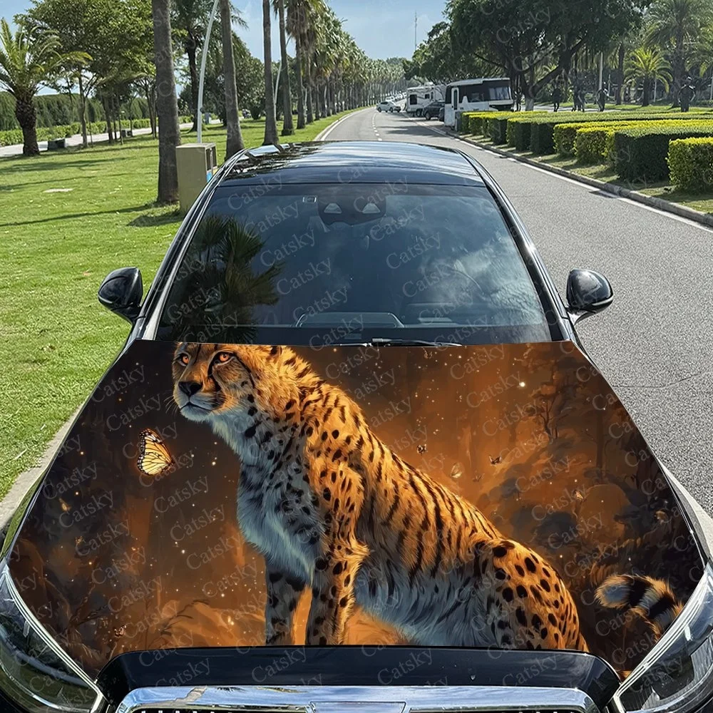Flame Cheetah Car Hood Sticker PVC Self Waterproof Stick, Striking Auto Exterior Accessories Decor Protect Gift for Car Lover