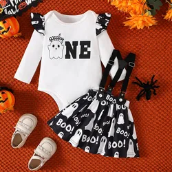 Halloween Baby Girls Clothes Ghost Print Suspender Skirt Cartoon Letter Print Bodysuit 2Pcs Suit Toddler Long sleeve Jumpsuit