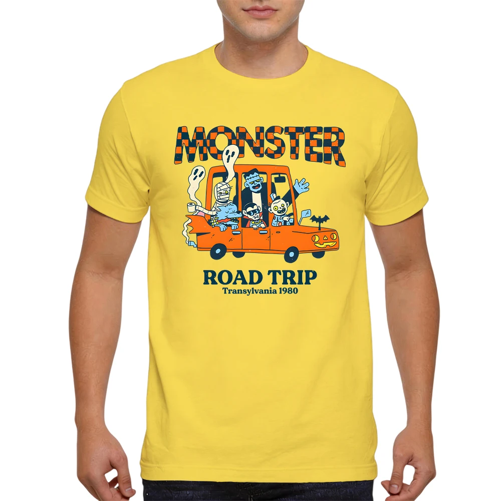 Mens 100% Cotton Short Sleeve T Shirt Halloween Monster Crew Road Trip Vintage Distressed Cartoon Graphic Print Daily Tees