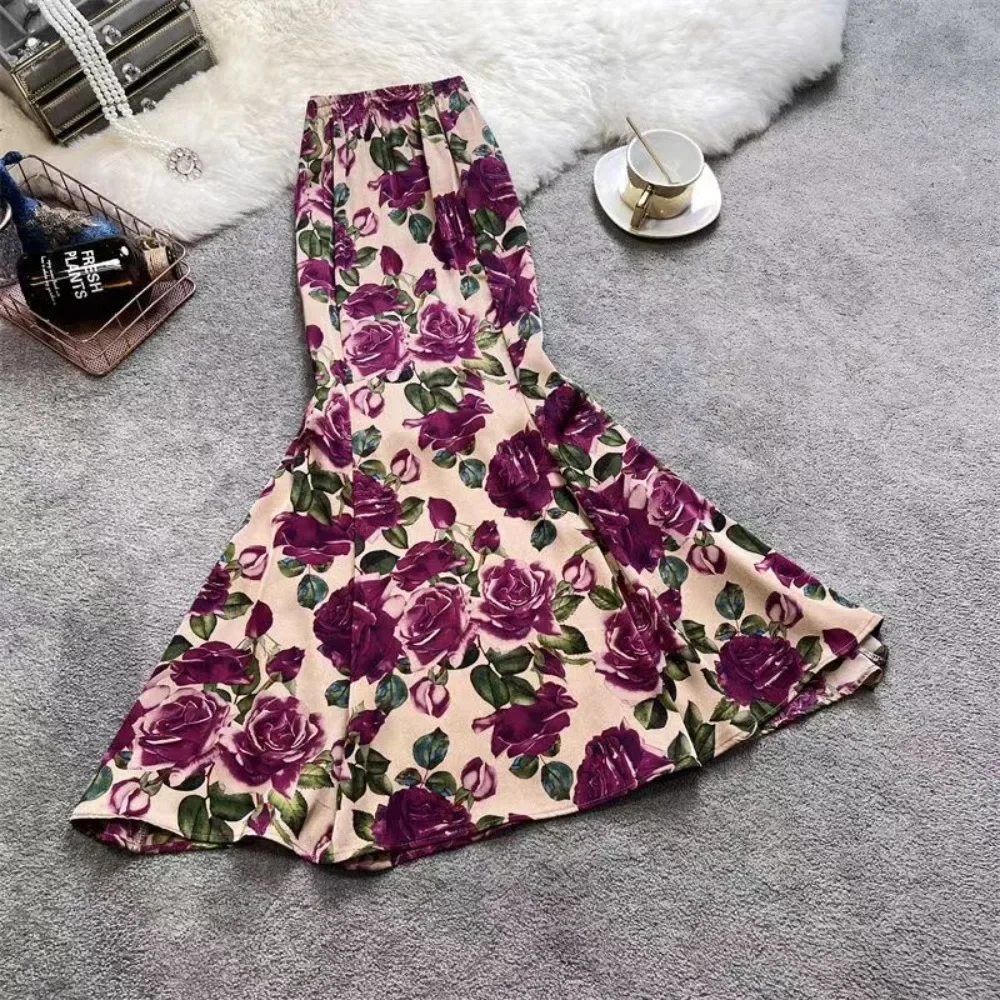 Retro Purple Floral Printed Mermaid Skirt 2024 Summer New High Waist Women Skirt