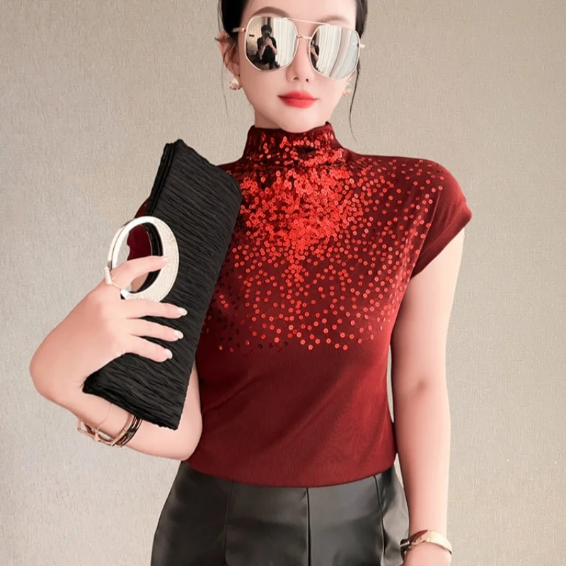 New Short Sleeve Ladies T-shirt Women Half High Neck Sequin Embroidery Fashion Basic Tee Casual Stretch Bottoming Top