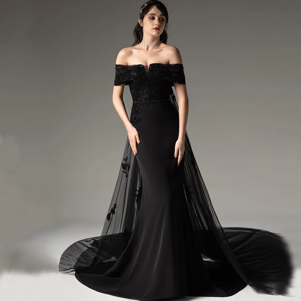 Black Wedding Dress Off the Shoulder Short Sleeve Boat Neck Bridal Detachable Tulle Train with Applique Mermaid Gowns Robe