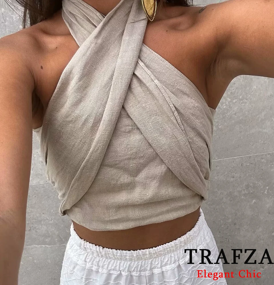 TRAFZA-Conjunto de camisola cruzada de lino para mujer, Top con cuello Halter y pantalón, moda de verano, 2024