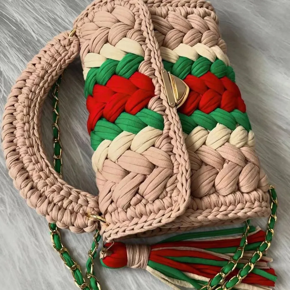 Women\'s Purses Fabric Woven Bag Summer Bright Color Splicing Chain Tassel Pure Handmade Crochet Bag Luxury Designer Handbag