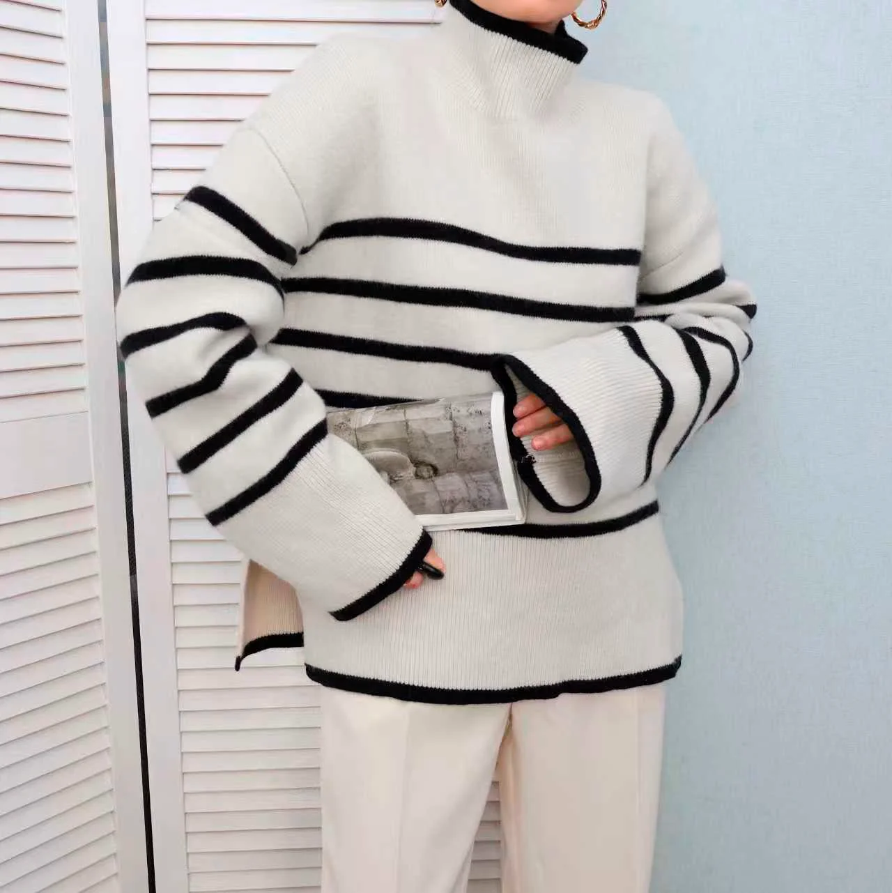 Women's Black and White Striped High Neck Sweater – Oversized Loose Fit Thick Knit Pullover, Long Sleeve Drop Shoulder Top for F view 3