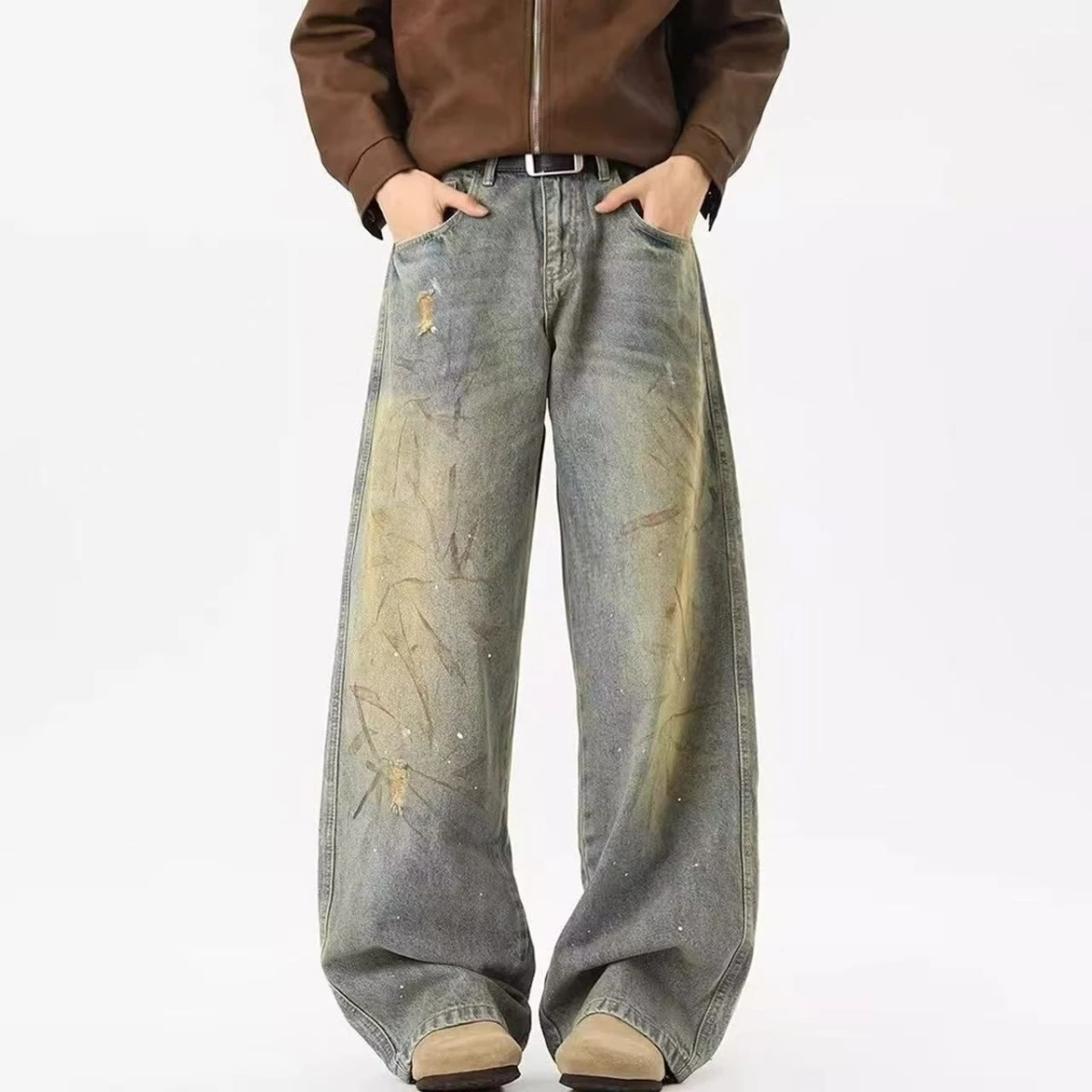 Calças Jeans Retrô Americanas Casuais de Primavera Verão para Homens e Mulheres, Lavadas e Desgastadas, de Perna Larga, Estil...