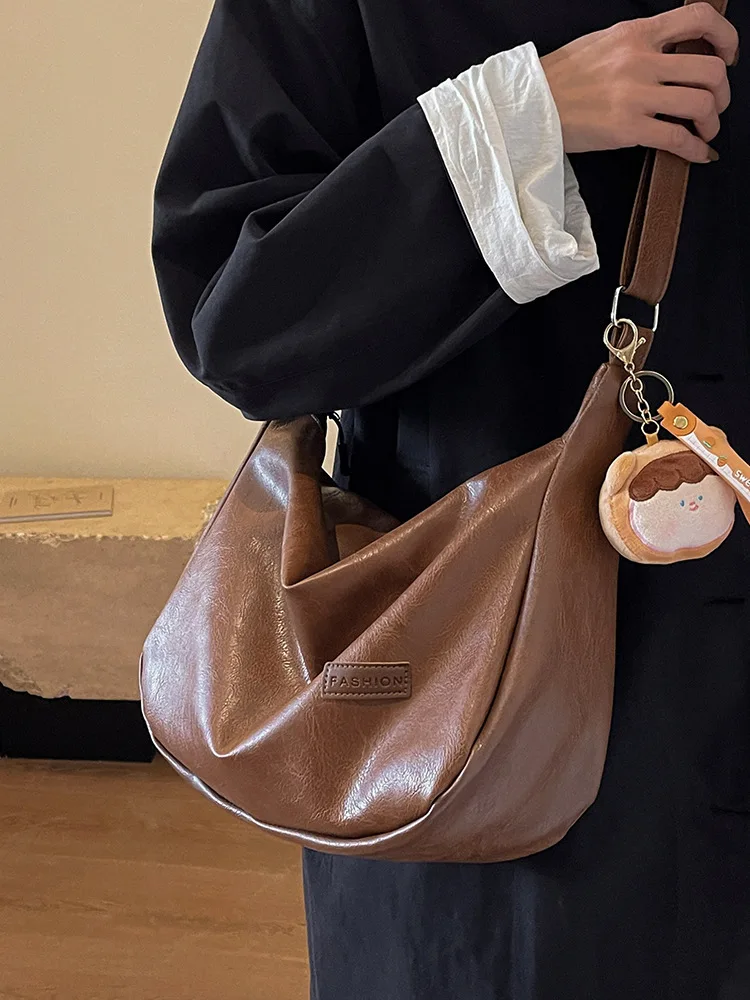 PU Leather Commuter Fashion Vintage Casual Tote Bag Maillard Stylish Crossbody Bags for Women Texture Large Capacity Temperamen