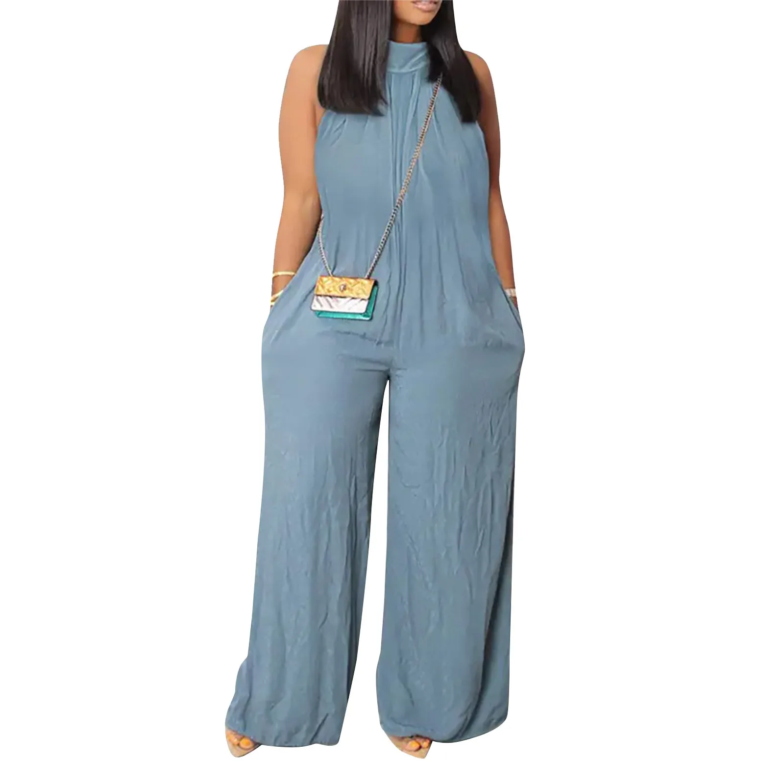 Women'S Plus Size Jumpsuit Summer Beach Sleeveless Solid Color Casual Fashion Wide Leg Jumpsuit Enterizos Para Mujeres